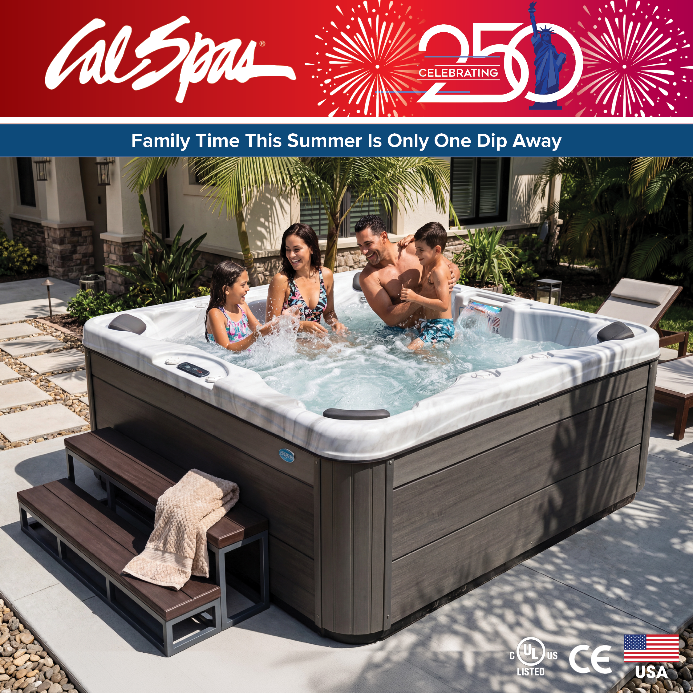 Calspas hot tub being used in a family setting - Lake Elsinore